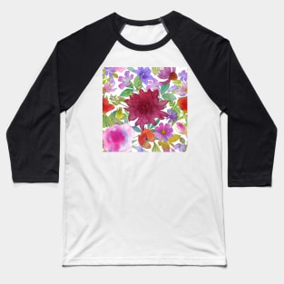 Summer wildflowers and leaves watercolor botanical illustration. Peony, Hryzanthemium, Rose, Poppy, Balloon flowers. Baseball T-Shirt